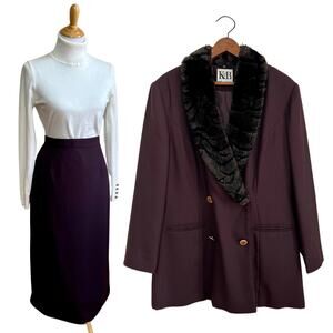 Vintage 80s KB Skirt Blazer Suit Set Faux Fur Collar Burgundy 16